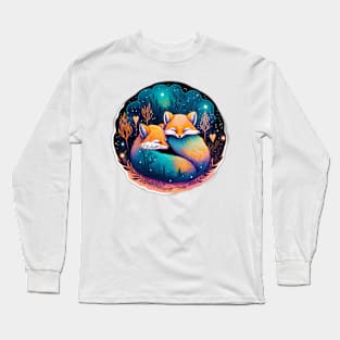 Cute Sleeping Foxes Galaxy Neon Art Long Sleeve T-Shirt